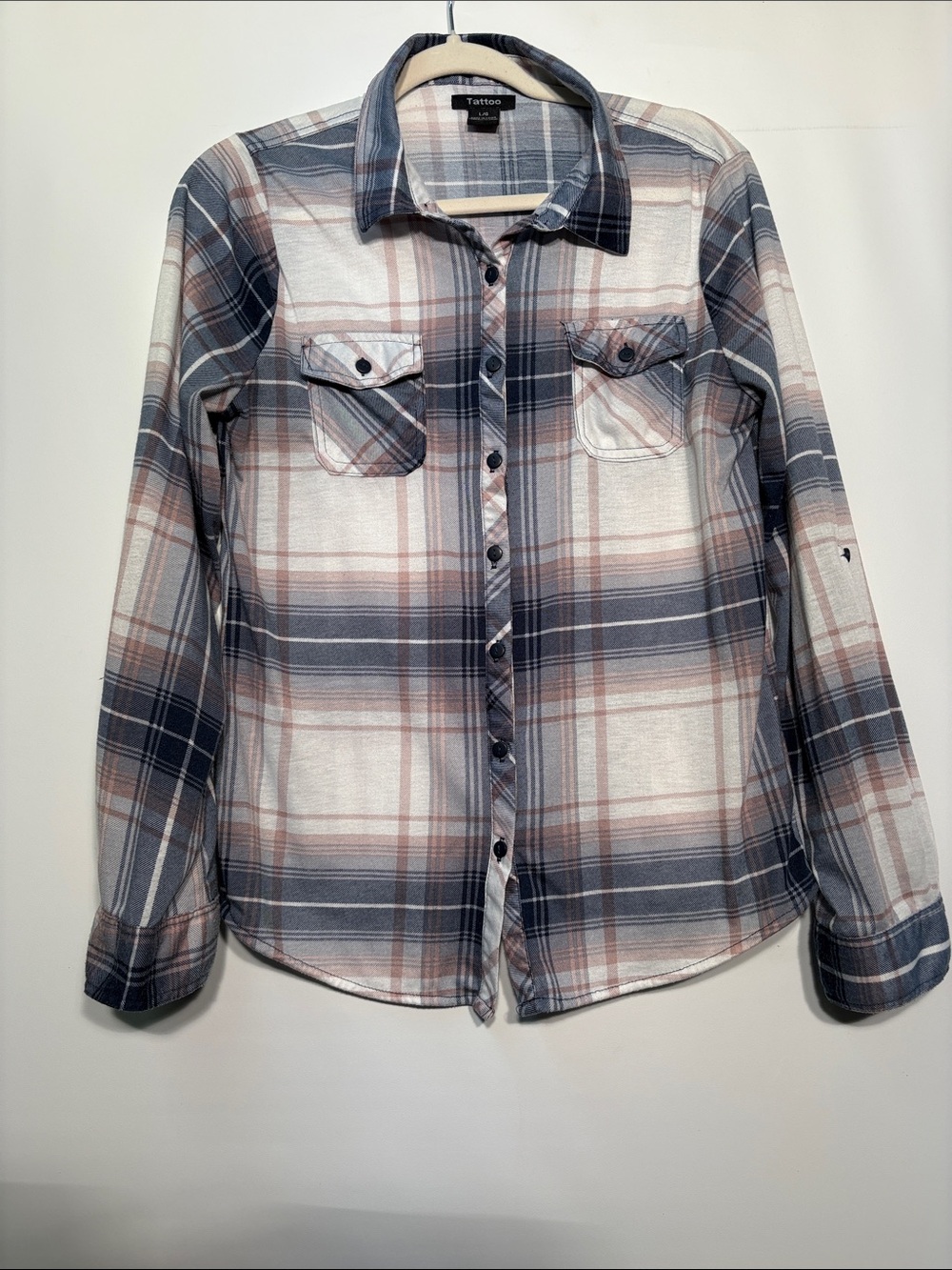 Women's Blue and Blush Pink Plaid Button-Up Shirt
